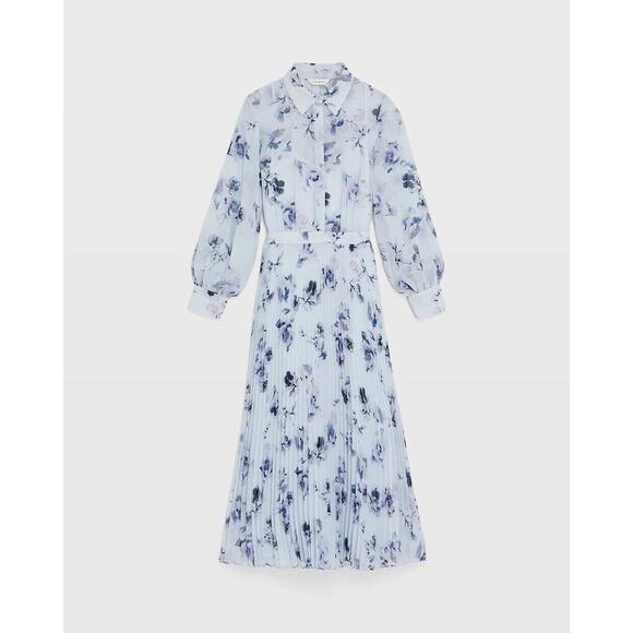 NWD Club Monaco Pleated Maxi Shirt Dress Size 10 Blue Floral Sold Out 9F404 - Picture 4 of 16